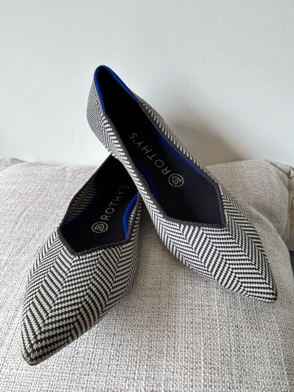 Rothy's Pointed-Toe Flats in Black & White Chevron